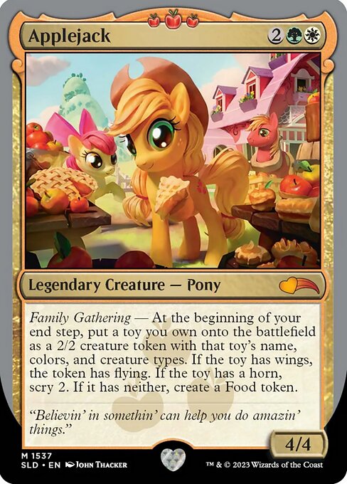 Family Gathering — At the beginning of your end step, put a toy you own onto the battlefield as a 2/2 creature token with that toy's name, colors, and creature types. If the toy has wings, the token has flying. If the toy has a horn, scry 2. If it has neither, create a Food token.