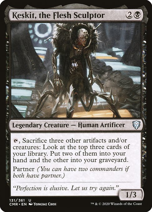 {T}, Sacrifice three other artifacts and/or creatures: Look at the top three cards of your library. Put two of them into your hand and the other into your graveyard.
Partner (You can have two commanders if both have partner.)