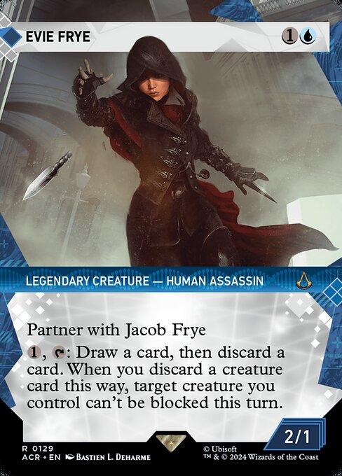 Partner with Jacob Frye (When this creature enters the battlefield, target player may put Jacob into their hand from their library, then shuffle.)
{1}, {T}: Draw a card, then discard a card. When you discard a creature card this way, target creature you control can't be blocked this turn.