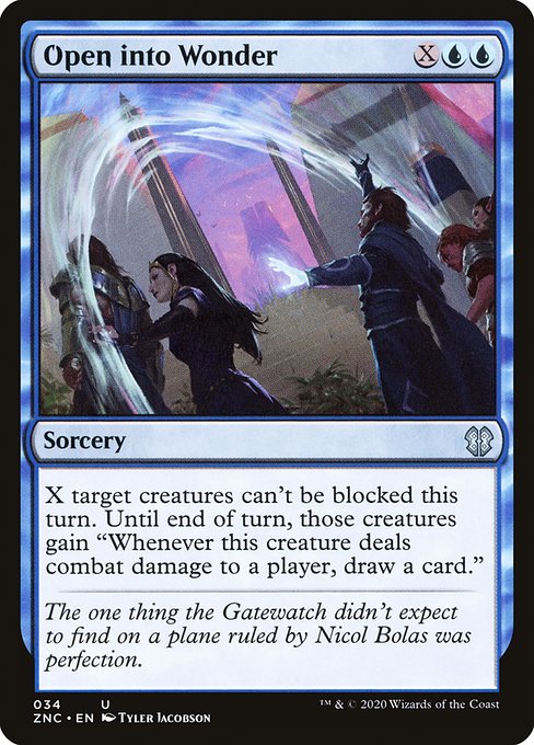 X target creatures can't be blocked this turn. Until end of turn, those creatures gain "Whenever this creature deals combat damage to a player, draw a card."