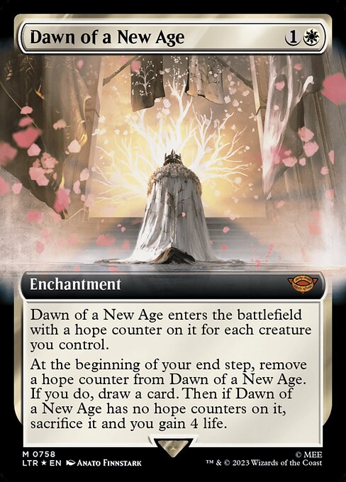 Dawn of a New Age enters the battlefield with a hope counter on it for each creature you control.
At the beginning of your end step, remove a hope counter from Dawn of a New Age. If you do, draw a card. Then if Dawn of a New Age has no hope counters on it, sacrifice it and you gain 4 life.