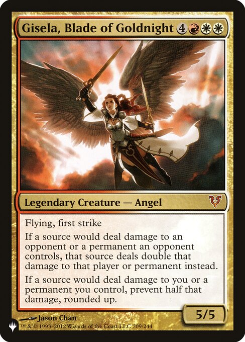 Flying, first strike
If a source would deal damage to an opponent or a permanent an opponent controls, that source deals double that damage to that player or permanent instead.
If a source would deal damage to you or a permanent you control, prevent half that damage, rounded up.