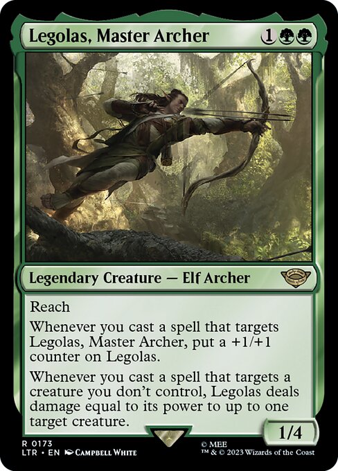 Reach
Whenever you cast a spell that targets Legolas, Master Archer, put a +1/+1 counter on Legolas.
Whenever you cast a spell that targets a creature you don't control, Legolas deals damage equal to its power to up to one target creature.