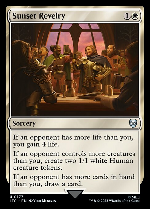 If an opponent has more life than you, you gain 4 life.
If an opponent controls more creatures than you, create two 1/1 white Human creature tokens.
If an opponent has more cards in hand than you, draw a card.