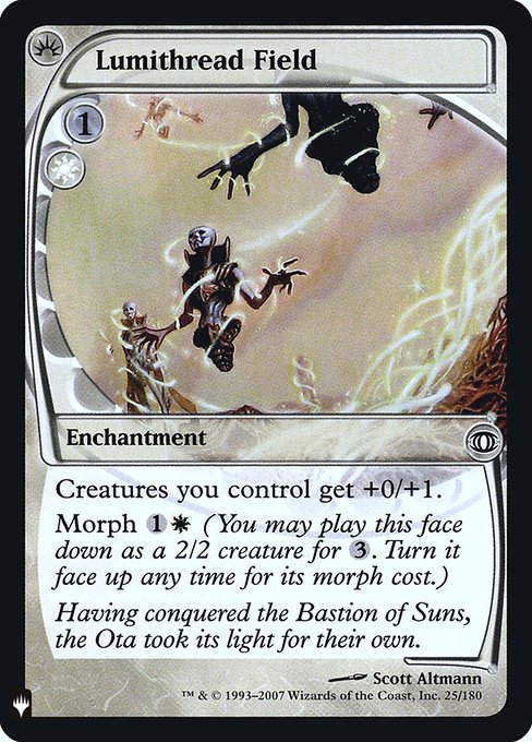 Creatures you control get +0/+1.
Morph {1}{W} (You may cast this card face down as a 2/2 creature for {3}. Turn it face up any time for its morph cost.)