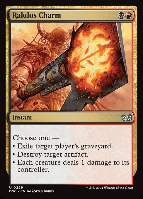 Choose one —
• Exile target player's graveyard.
• Destroy target artifact.
• Each creature deals 1 damage to its controller.