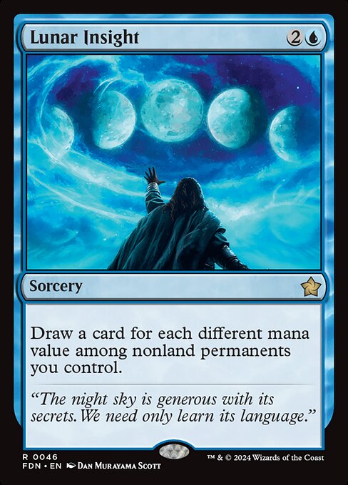 Draw a card for each different mana value among nonland permanents you control.
