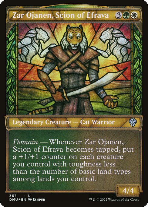 Domain — Whenever Zar Ojanen, Scion of Efrava becomes tapped, put a +1/+1 counter on each creature you control with toughness less than the number of basic land types among lands you control.