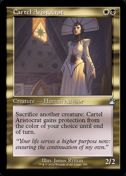 Sacrifice another creature: Cartel Aristocrat gains protection from the color of your choice until end of turn.