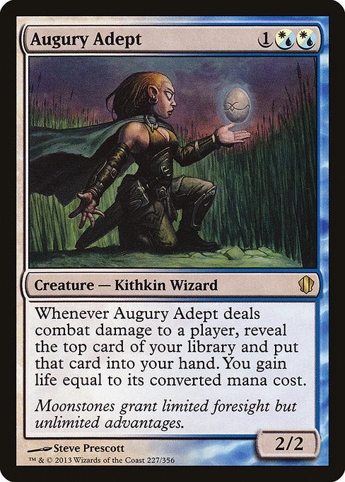 Whenever Augury Adept deals combat damage to a player, reveal the top card of your library and put that card into your hand. You gain life equal to its mana value.
