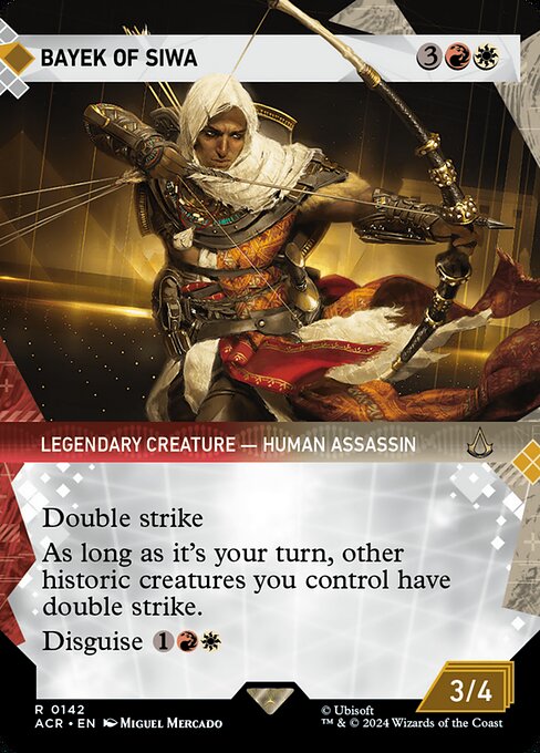 Double strike
As long as it's your turn, other historic creatures you control have double strike.
Disguise {1}{R}{W} (You may cast this card face down for {3} as a 2/2 creature with ward {2}. Turn it face up any time for its disguise cost.)