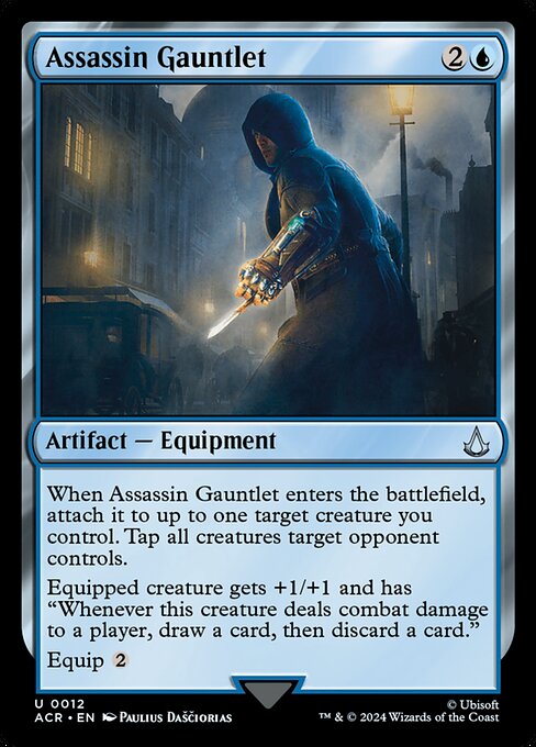 When Assassin Gauntlet enters the battlefield, attach it to up to one target creature you control. Tap all creatures target opponent controls.
Equipped creature gets +1/+1 and has "Whenever this creature deals combat damage to a player, draw a card, then discard a card."
Equip {2}