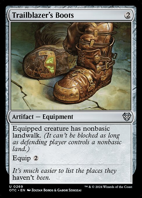 Equipped creature has nonbasic landwalk. (It can't be blocked as long as defending player controls a nonbasic land.)
Equip {2}