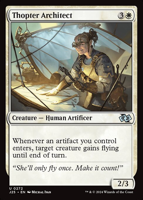 Whenever an artifact you control enters, target creature gains flying until end of turn.