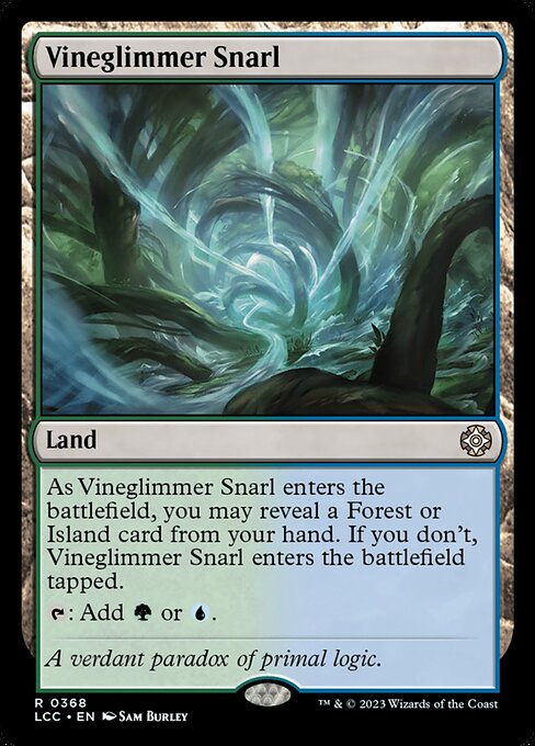 As this land enters, you may reveal a Forest or Island card from your hand. If you don't, this land enters tapped.
{T}: Add {G} or {U}.