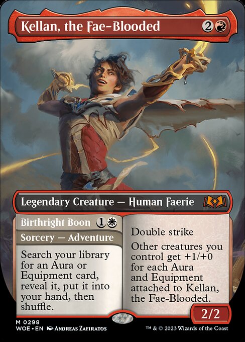 Double strike
Other creatures you control get +1/+0 for each Aura and Equipment attached to Kellan, the Fae-Blooded.   Search your library for an Aura or Equipment card, reveal it, put it into your hand, then shuffle.