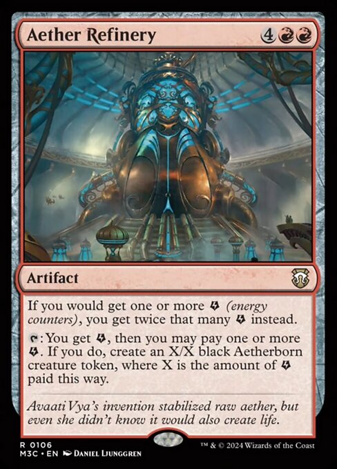 If you would get one or more {E}, you get twice that many instead.
{T}: You get {E}, then you may pay one or more {E}. If you do, create an X/X black Aetherborn creature token, where X is the amount of {E} paid this way.