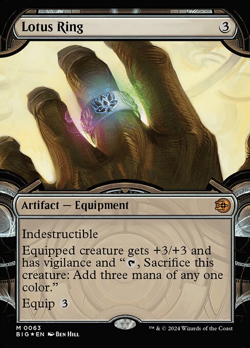 Indestructible
Equipped creature gets +3/+3 and has vigilance and "{T}, Sacrifice this creature: Add three mana of any one color."
Equip {3}