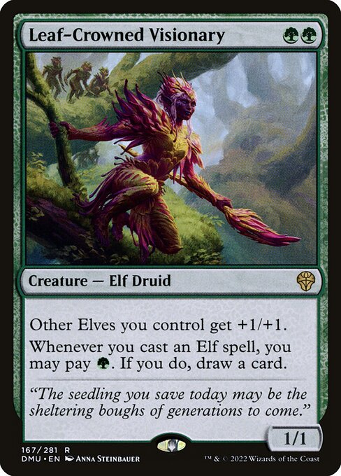 Other Elves you control get +1/+1.
Whenever you cast an Elf spell, you may pay {G}. If you do, draw a card.