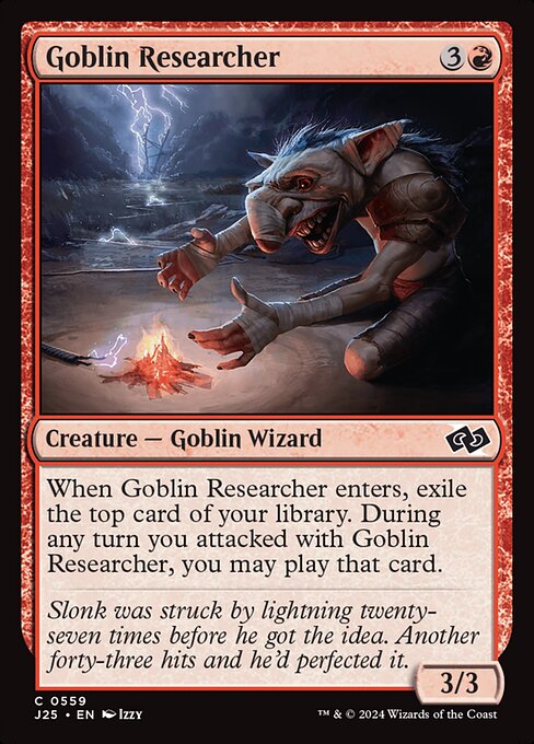 When Goblin Researcher enters, exile the top card of your library. During any turn you attacked with Goblin Researcher, you may play that card.