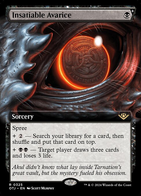 Spree (Choose one or more additional costs.)
+ {2} — Search your library for a card, then shuffle and put that card on top.
+ {B}{B} — Target player draws three cards and loses 3 life.
