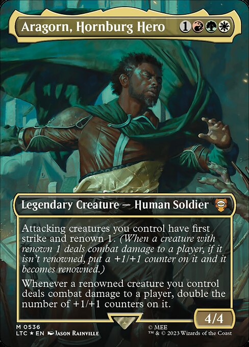 Attacking creatures you control have first strike and renown 1. (When a creature with renown 1 deals combat damage to a player, if it isn't renowned, put a +1/+1 counter on it and it becomes renowned.)
Whenever a renowned creature you control deals combat damage to a player, double the number of +1/+1 counters on it.