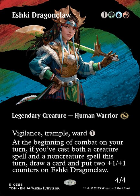 Vigilance, trample, ward {1}
At the beginning of combat on your turn, if you've cast both a creature spell and a noncreature spell this turn, draw a card and put two +1/+1 counters on Eshki Dragonclaw.
