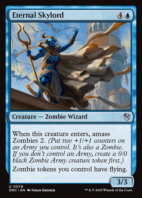 When this creature enters, amass Zombies 2. (Put two +1/+1 counters on an Army you control. It's also a Zombie. If you don't control an Army, create a 0/0 black Zombie Army creature token first.)
Zombie tokens you control have flying.