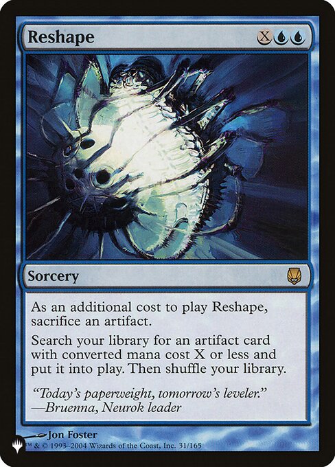 As an additional cost to cast this spell, sacrifice an artifact.
Search your library for an artifact card with mana value X or less, put it onto the battlefield, then shuffle.