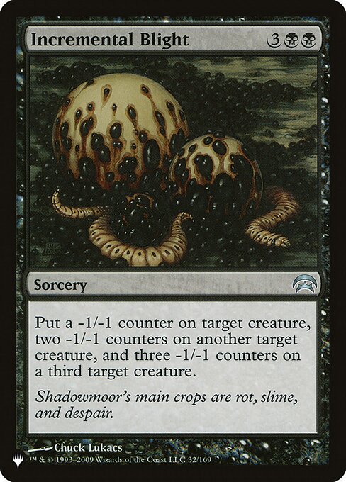 Put a -1/-1 counter on target creature, two -1/-1 counters on another target creature, and three -1/-1 counters on a third target creature.