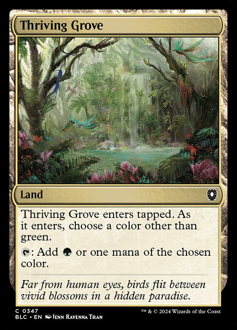 Thriving Grove enters tapped. As it enters, choose a color other than green.
{T}: Add {G} or one mana of the chosen color.