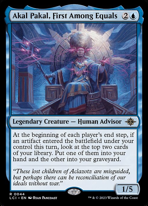 At the beginning of each player's end step, if an artifact entered the battlefield under your control this turn, look at the top two cards of your library. Put one of them into your hand and the other into your graveyard.