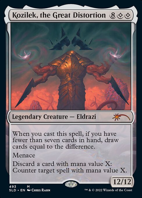 When you cast this spell, if you have fewer than seven cards in hand, draw cards equal to the difference.
Menace
Discard a card with mana value X: Counter target spell with mana value X.