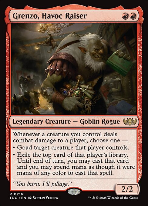 Whenever a creature you control deals combat damage to a player, choose one —
• Goad target creature that player controls.
• Exile the top card of that player's library. Until end of turn, you may cast that card and you may spend mana as though it were mana of any color to cast that spell.