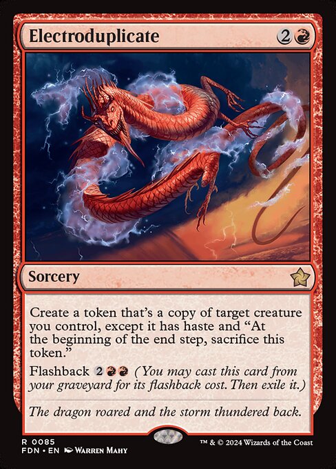Create a token that's a copy of target creature you control, except it has haste and "At the beginning of the end step, sacrifice this token."
Flashback {2}{R}{R} (You may cast this card from your graveyard for its flashback cost. Then exile it.)