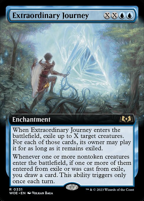 When Extraordinary Journey enters the battlefield, exile up to X target creatures. For each of those cards, its owner may play it for as long as it remains exiled.
Whenever one or more nontoken creatures enter the battlefield, if one or more of them entered from exile or was cast from exile, you draw a card. This ability triggers only once each turn.