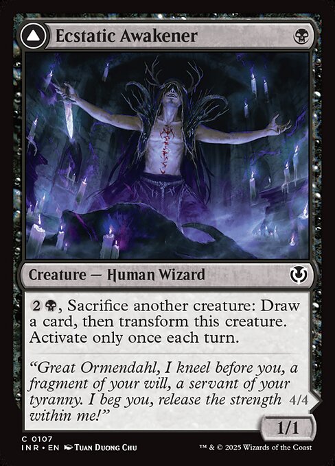 {2}{B}, Sacrifice another creature: Draw a card, then transform this creature. Activate only once each turn.   