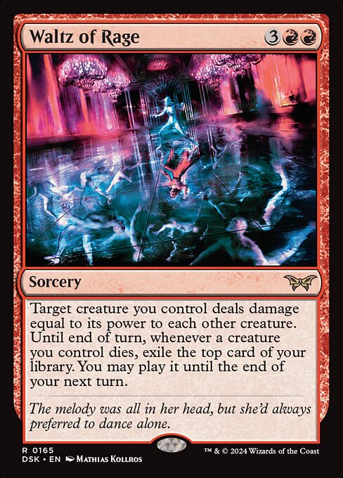 Target creature you control deals damage equal to its power to each other creature. Until end of turn, whenever a creature you control dies, exile the top card of your library. You may play it until the end of your next turn.