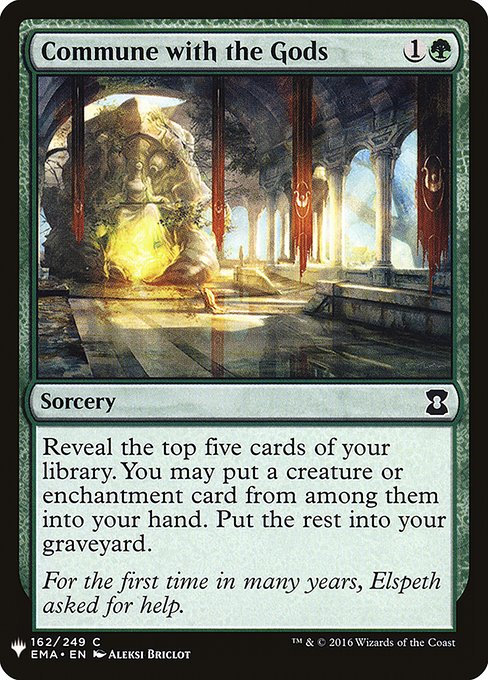 Reveal the top five cards of your library. You may put a creature or enchantment card from among them into your hand. Put the rest into your graveyard.