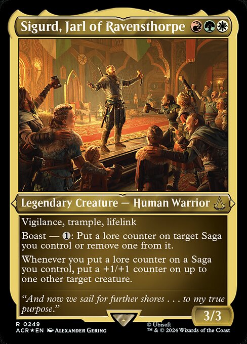 Vigilance, trample, lifelink
Boast — {1}: Put a lore counter on target Saga you control or remove one from it. (Activate only if this creature attacked this turn and only once each turn.)
Whenever you put a lore counter on a Saga you control, put a +1/+1 counter on up to one other target creature.