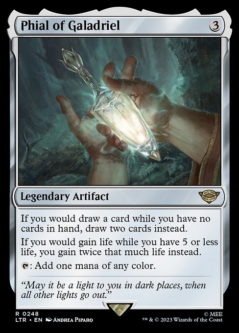 If you would draw a card while you have no cards in hand, draw two cards instead.
If you would gain life while you have 5 or less life, you gain twice that much life instead.
{T}: Add one mana of any color.