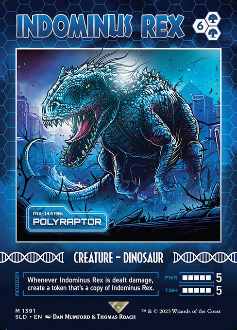 Enrage — Whenever Polyraptor is dealt damage, create a token that's a copy of Polyraptor.