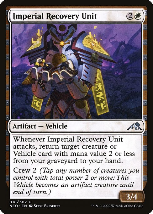 Whenever Imperial Recovery Unit attacks, return target creature or Vehicle card with mana value 2 or less from your graveyard to your hand.
Crew 2 (Tap any number of creatures you control with total power 2 or more: This Vehicle becomes an artifact creature until end of turn.)