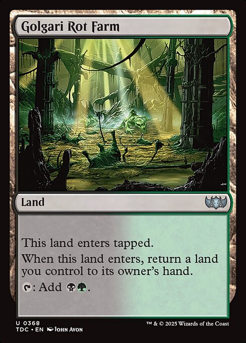 This land enters tapped.
When this land enters, return a land you control to its owner's hand.
{T}: Add {B}{G}.