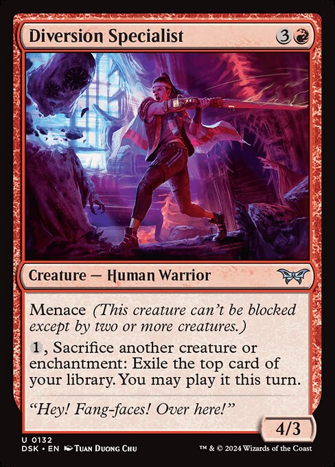 Menace (This creature can't be blocked except by two or more creatures.)
{1}, Sacrifice another creature or enchantment: Exile the top card of your library. You may play it this turn.