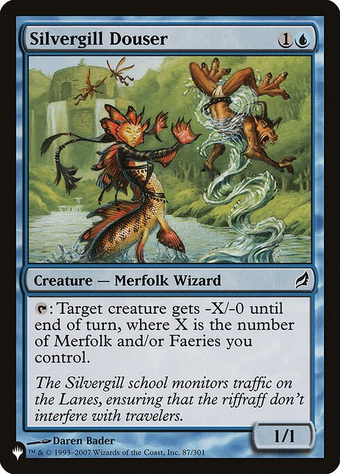 {T}: Target creature gets -X/-0 until end of turn, where X is the number of Merfolk and/or Faeries you control.