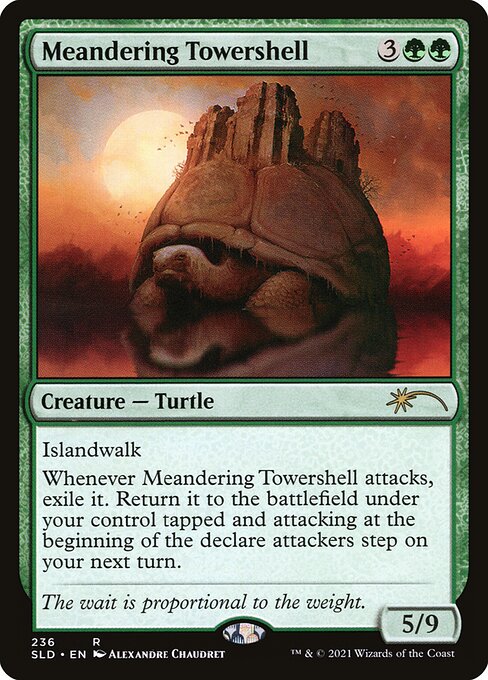 Islandwalk (This creature can't be blocked as long as defending player controls an Island.)
Whenever Meandering Towershell attacks, exile it. Return it to the battlefield under your control tapped and attacking at the beginning of the declare attackers step on your next turn.
