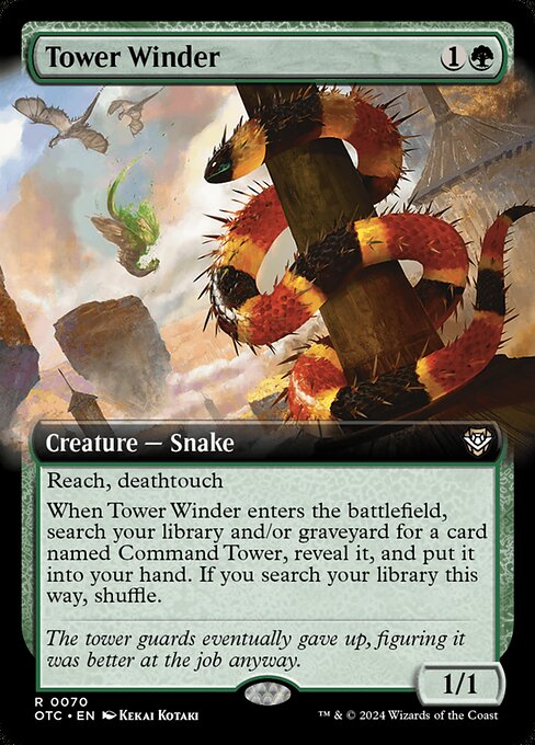 Reach, deathtouch
When Tower Winder enters the battlefield, search your library and/or graveyard for a card named Command Tower, reveal it, and put it into your hand. If you search your library this way, shuffle.