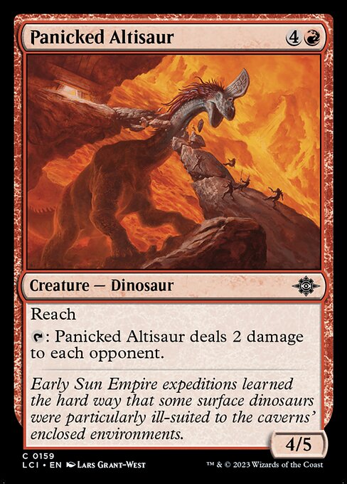 Reach
{T}: Panicked Altisaur deals 2 damage to each opponent.
