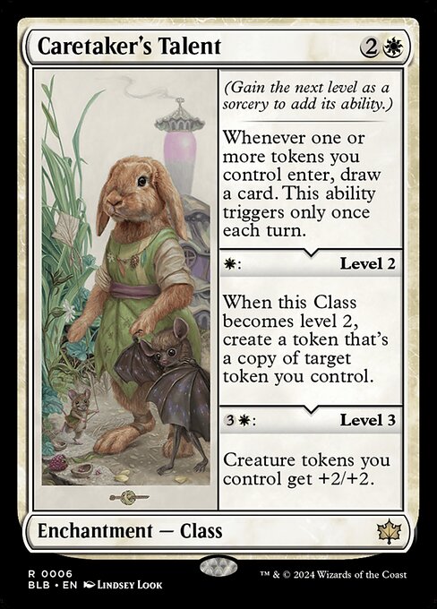 (Gain the next level as a sorcery to add its ability.)
Whenever one or more tokens you control enter, draw a card. This ability triggers only once each turn.
{W}: Level 2
When this Class becomes level 2, create a token that's a copy of target token you control.
{3}{W}: Level 3
Creature tokens you control get +2/+2.